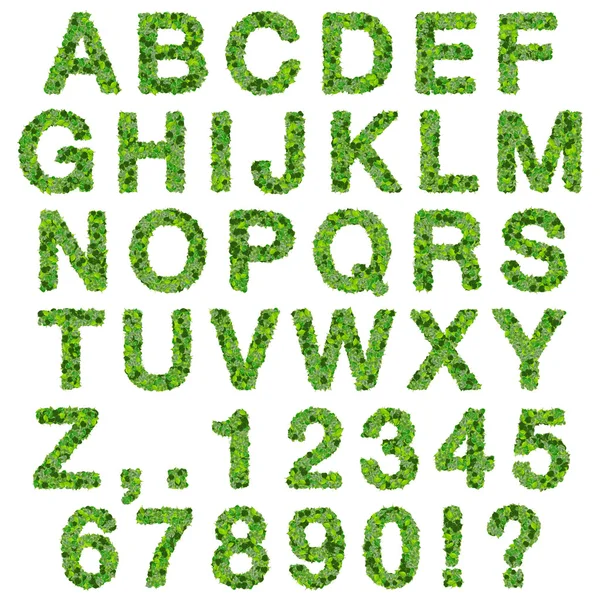 Alphabet with numbers made from green leaves isolated on white background. 3D render. — Stock Photo, Image
