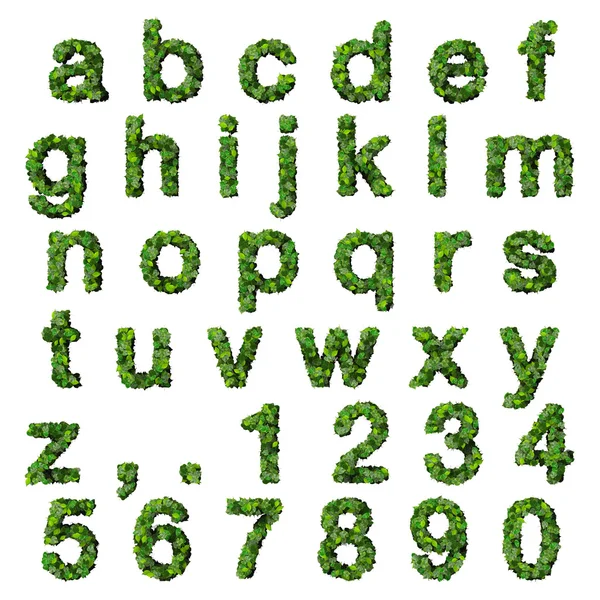 Alphabet with numbers made from green leaves isolated on white background. 3D render. — Stock Photo, Image