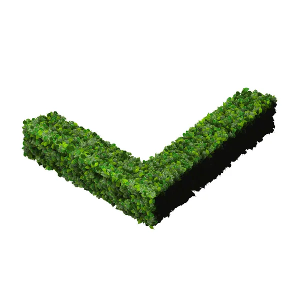 Одобренный эко-знак, сделанный из зеленых листьев, выделенный на черном фоне. 3D рендеринг . — стоковое фото