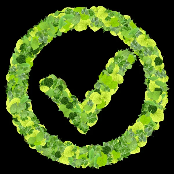 Одобренный эко-знак, сделанный из зеленых листьев, выделенный на черном фоне. 3D рендеринг . — стоковое фото