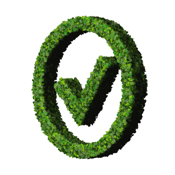 Approved, ok, like, eco sign made from green leaves isolated on black background. 3D render. — Stock Photo, Image