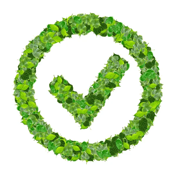 Godkänd, ok, gilla, eco tecken från gröna blad isolerad på svart bakgrund. 3D gör. — Stockfoto
