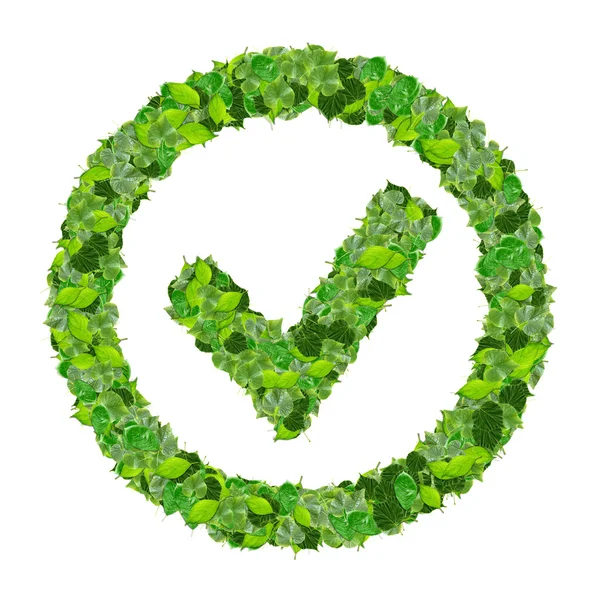 Approved, ok, like, eco sign made from green leaves isolated on black background. 3D render. — Stock Photo, Image