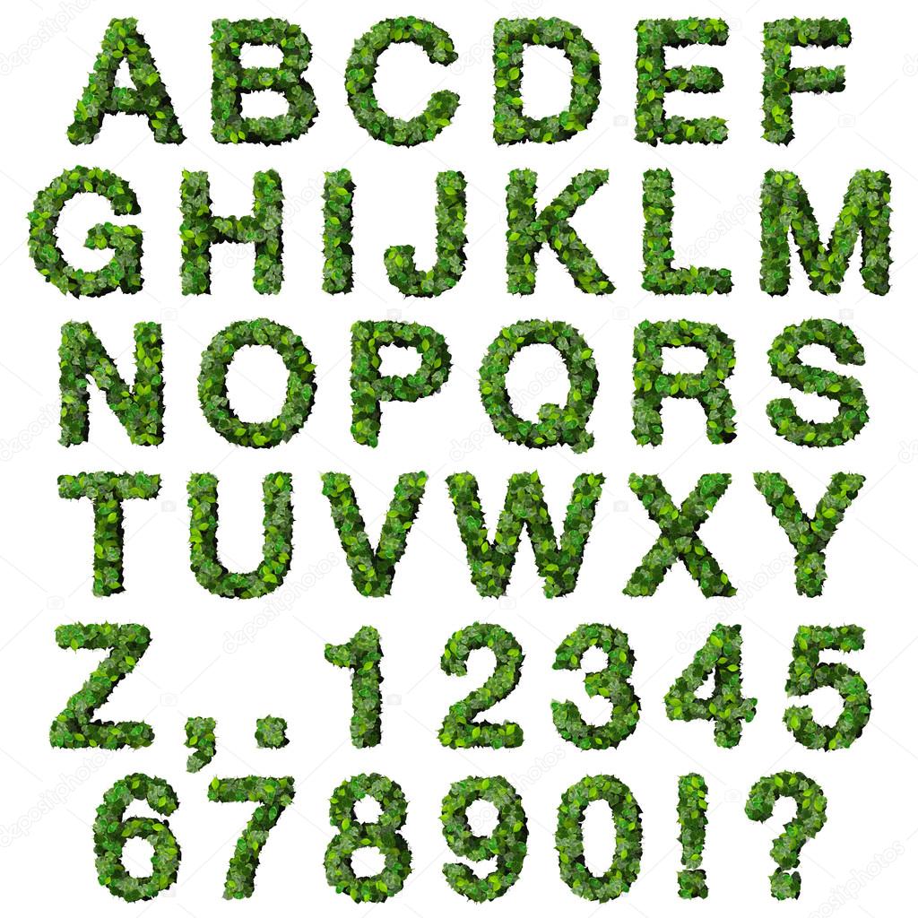 Alphabet with numbers made from green leaves isolated on white background. 3D render.