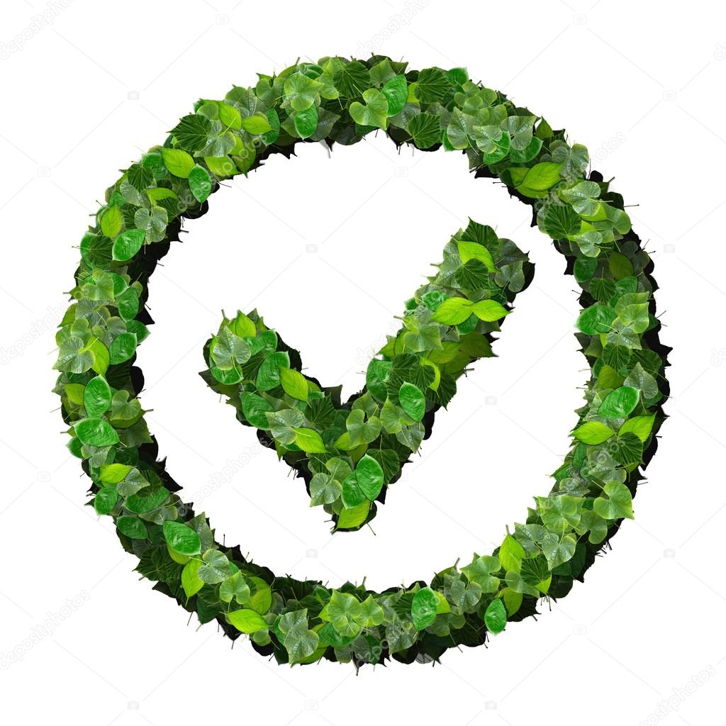 Approved, ok, like, eco sign made from green leaves isolated on black background. 3D render.