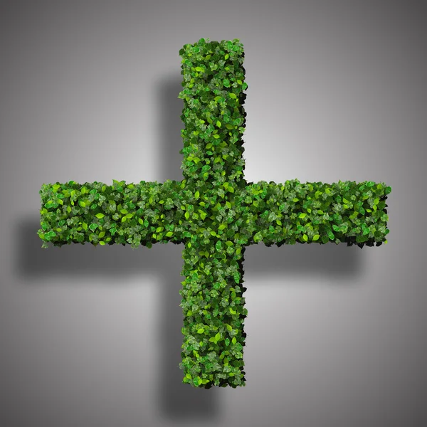 Аптека Плюс з кільцем, знак, зроблений з зеленого листя ізольовано на чорному тлі. 3D візуалізація . — стокове фото