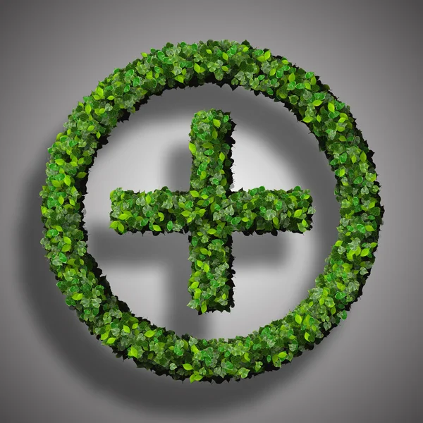 Pharmacy Plus with ring, sign made from green leaves isolated on black background. 3D render. — Stock Photo, Image