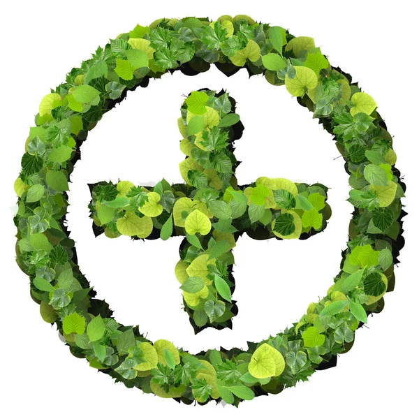 Eczane Plus yüzük ile yeşilden yapılan işaret izole üzerinde siyah arka plan bırakır. 3D render.