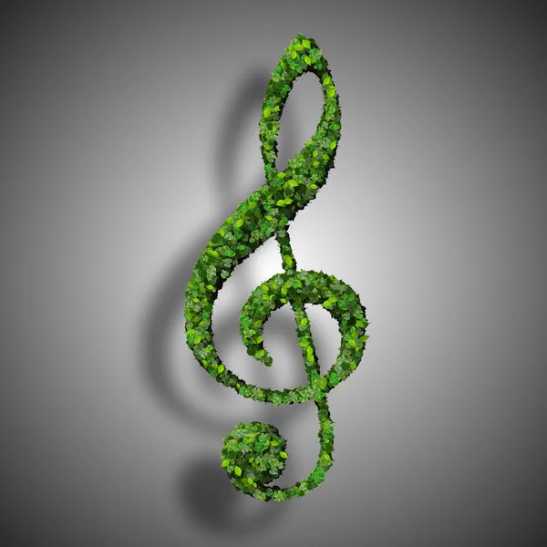 Musical note clef symbol made from green leaves isolated on white background. 3d render — Stock Photo, Image