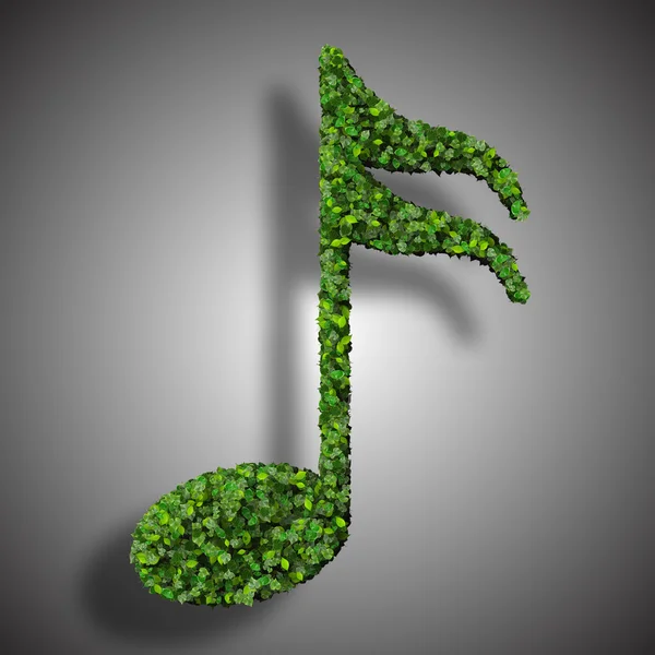 Símbolo semicuáquero de nota musical hecho de hojas verdes aisladas sobre fondo blanco. 3d renderizar — Foto de Stock
