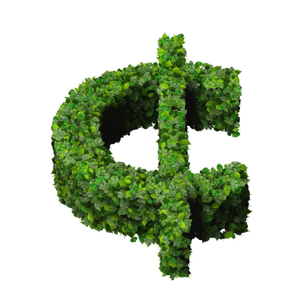 Cent (currency) symbol or sign made from green leaves isolated on white background. 3d render — Stock Photo, Image