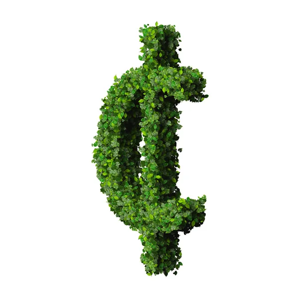 Cent (currency) symbol or sign made from green leaves isolated on white background. 3d render — Stock Photo, Image