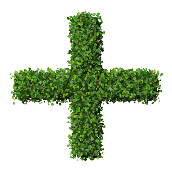 Farmácia Plus com anel, sinal feito de folhas verdes isoladas em fundo preto. Renderização 3D . Imagem De Stock