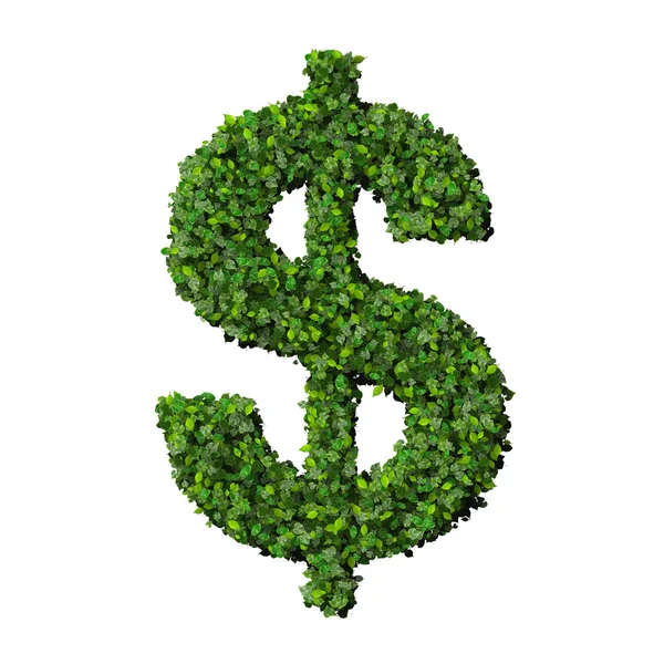 Dólar (moeda) símbolo ou sinal feito de folhas verdes isoladas no fundo branco. Renderização 3d . Imagens Royalty-Free