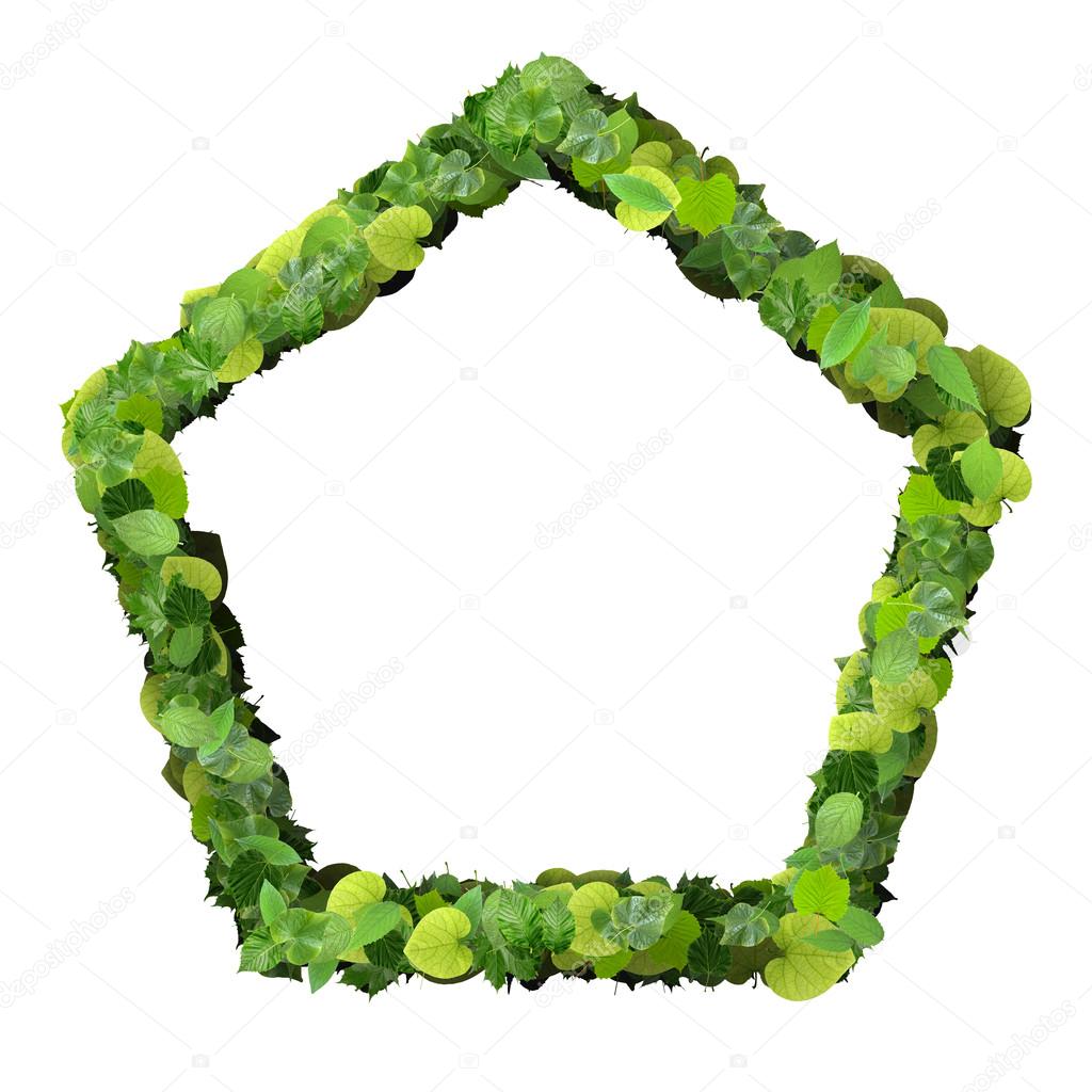 Pentagon made from green leaves isolated on white background. 3D render.