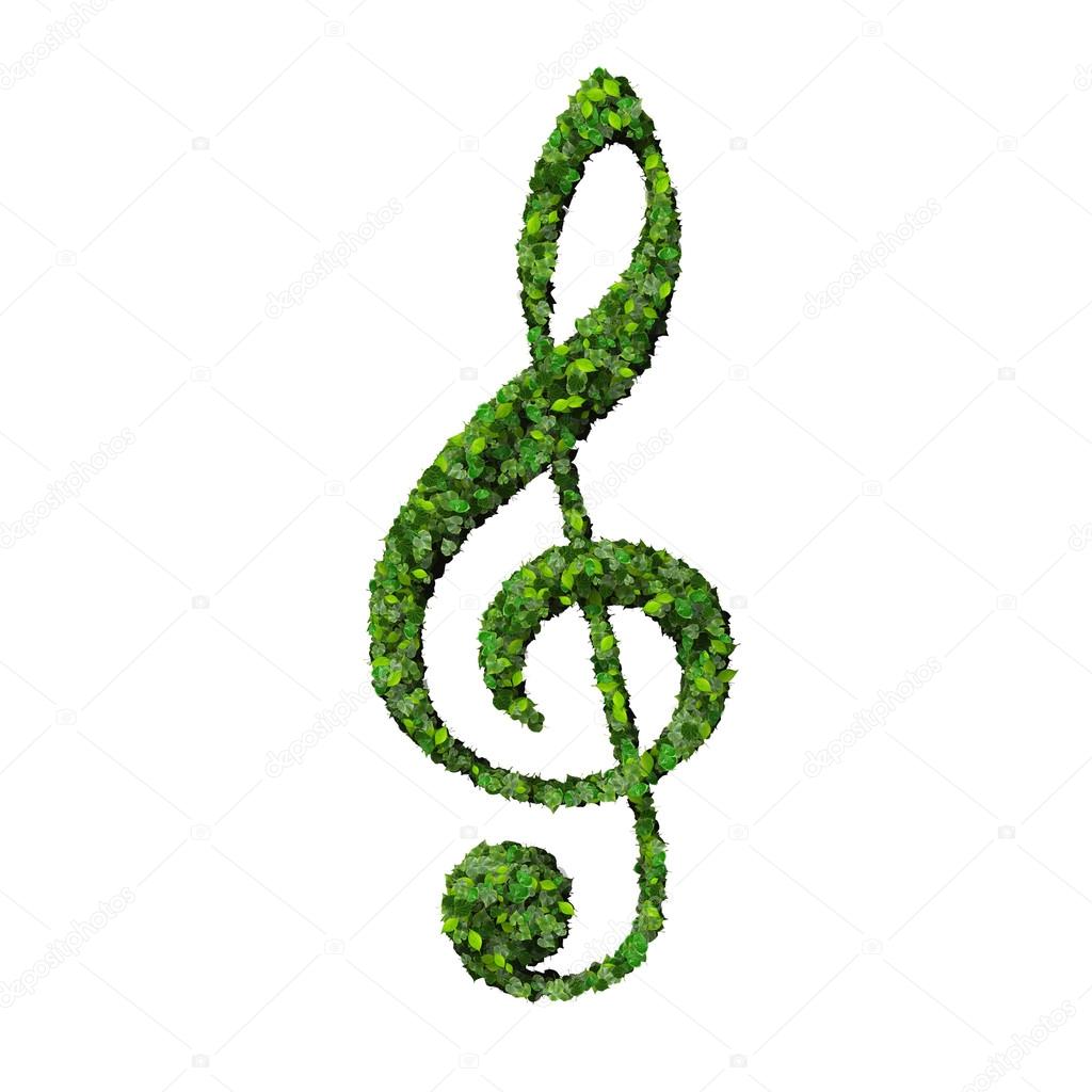 Musical note clef symbol made from green leaves isolated on white