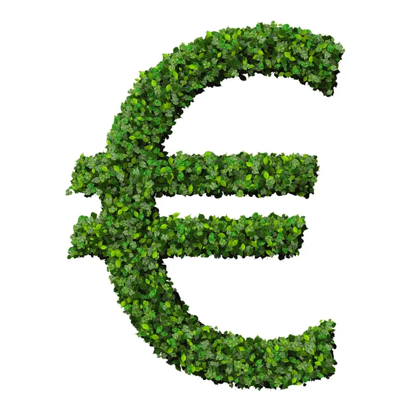 Euro (currency) symbol or sign made from green leaves isolated on white background. 3d render. — Stock Photo, Image