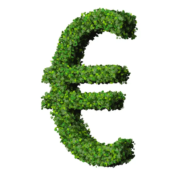 Euro (currency) symbol or sign made from green leaves isolated on white background. 3d render. — Stock Photo, Image