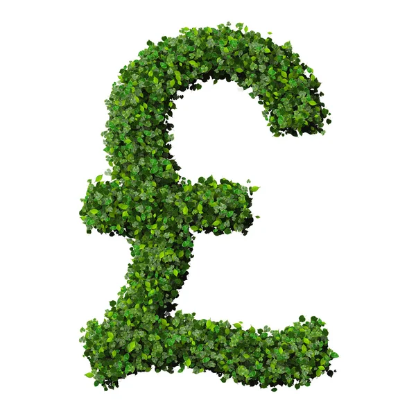 British Pound (currency) symbol or sign made from green leaves isolated on white background. 3d render. — Stock Photo, Image