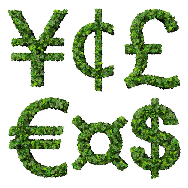 Money symbols: yen, cent, pound, euro, dollar, currency, made from green leaves isolated on white background. 3d render. — Stock Photo, Image