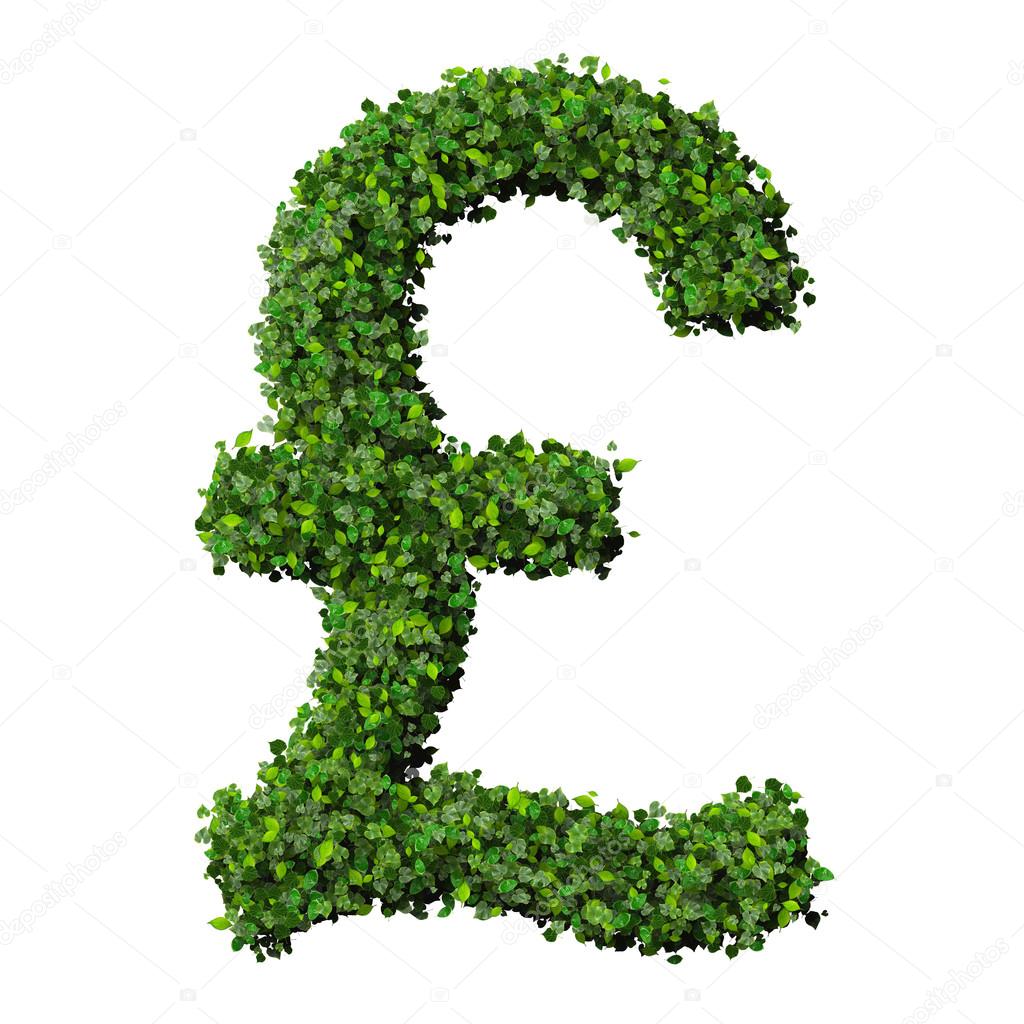 British Pound (currency) symbol or sign made from green leaves isolated on white background. 3d render.