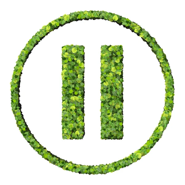 Kontroli mediów ikonę pauza, z zielonych liści na białym tle. renderowania 3D. — Zdjęcie stockowe