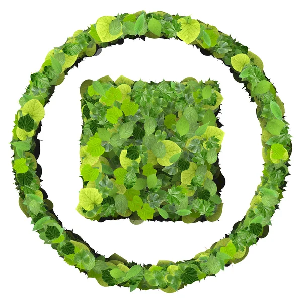 Media control stop ikonen, från gröna blad isolerad på vit bakgrund. 3D gör. — Stockfoto