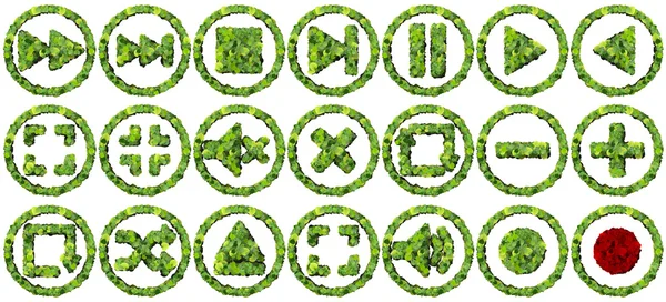 Media controls made from green leaves isolated on white background. 3D render. — Stock Photo, Image