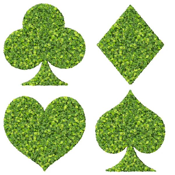 Playing card eco pictogram, schoppen, club, diamant, hart, gemaakt van groene bladeren. — Stockfoto