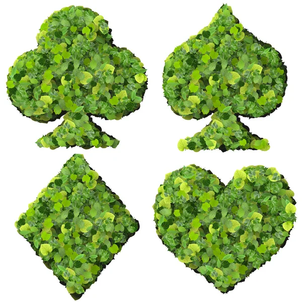 Playing card eco icon, spades, club, diamond, heart, made from green leaves. — Stock Photo, Image