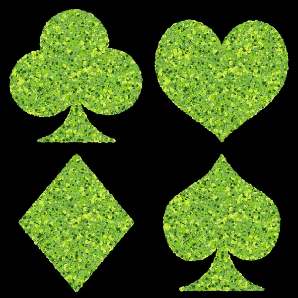 Playing card eco icon, spades, club, diamond, heart, made from green leaves. — Stock Photo, Image