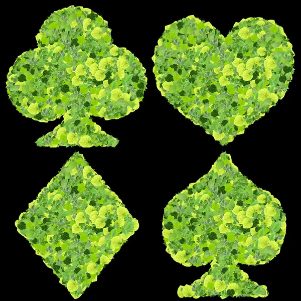 Playing card eco icon, spades, club, diamond, heart, made from green leaves. — Stock Photo, Image