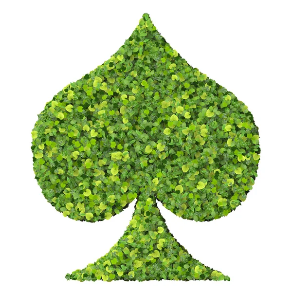 Spielkarte Öko-Ikone Pik, aus grünen Blättern isoliert auf festem Hintergrund. 3D-Darstellung. — Stockfoto
