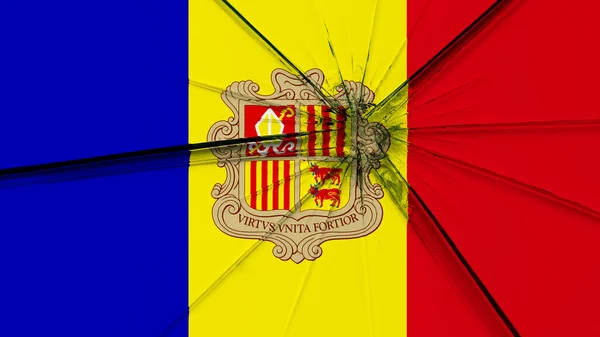 Vlag van Andorra geschilderd op gebroken glas — Stockfoto
