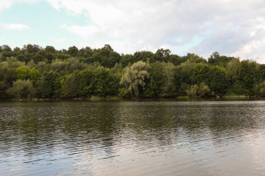 Orman nehri gün batımında. Rusya 'da güzel bir yaz manzarası