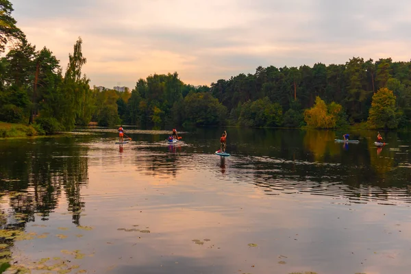 People swim on surfboards on a forest lake at sunset. — Stock Photo, Image