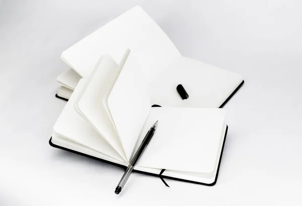 Two Black Unfold Open Notebooks Blank White Pages Dark Gel — Stock Photo, Image