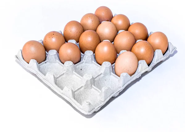 Many Orange Spotted Brown Chicken Eggs Carton Open Box Container — Stock Photo, Image