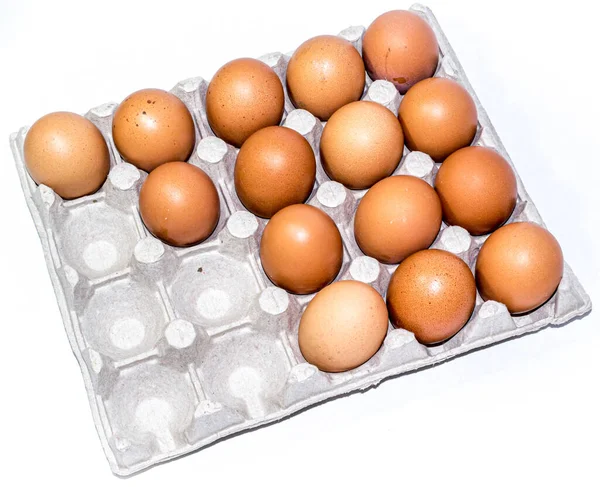 Many Orange Farm Spotted Brown Chicken Eggs Carton Open Box — Stock Photo, Image