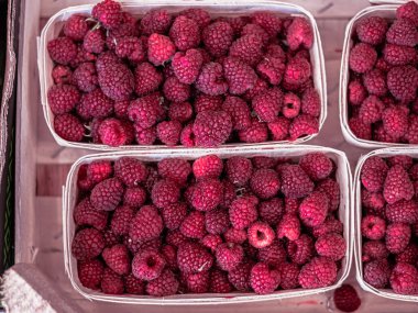 Markette beyaz karton kutularda ahududu. Kızıl, doğal, pembe böğürtlen. Yakın plan. Yaz