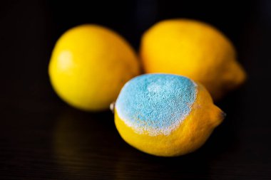 Koyu ahşap bir masada üç büyük sarı limon. Açık turkuaz desenli bir limon..