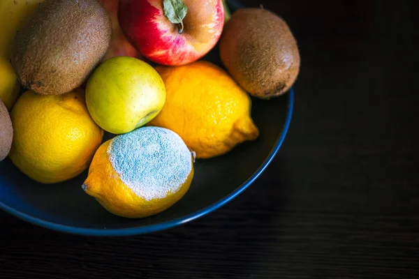 Limão Estragado Com Mofo Texturizado Turquesa Claro Entre Frutas Inteiras — Fotografia de Stock