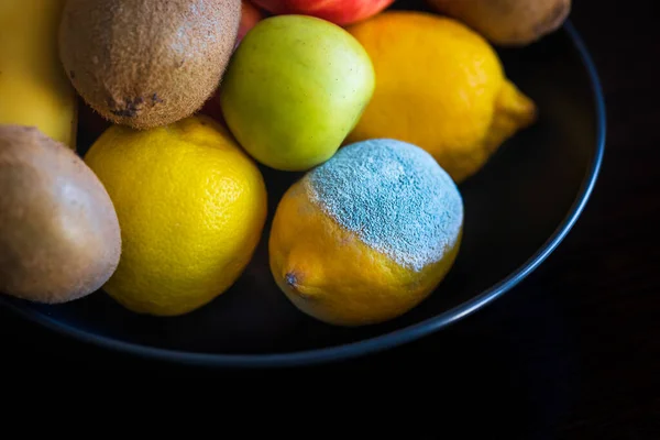 Limão Estragado Com Mofo Texturizado Turquesa Claro Entre Frutas Inteiras — Fotografia de Stock
