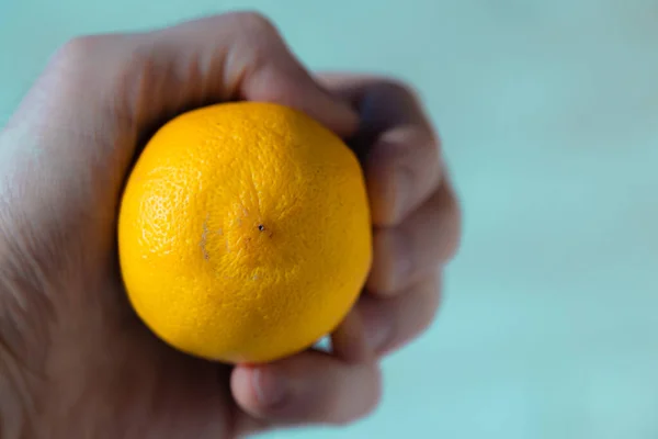 Lemon in hand on a gentle blue back. Compressed citrus in the palm of your hand