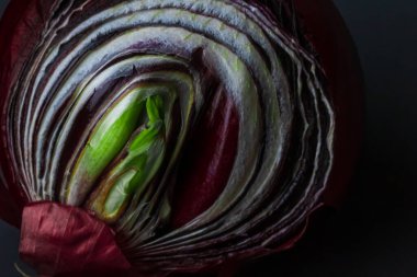 Kırmızı filizlenmiş soğanları siyah bir tabakta ikiye böl. Yan görüş. Derin renklere sahip kavramsal makro fotoğrafçılık