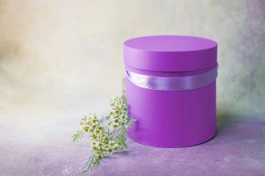 Parlak mor leylak yuvarlak çiçek kapalı hediye kutusu kurdeleli yeşil dallı iğne ve küçük beyaz çiçekler. Silindirik şekilli. Mesaj için yer. Açık sarı arkaplan. 