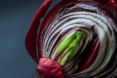 Siyah bir tabakta ikiye bölünmüş kırmızı filizlenmiş soğan. Mesajın için yer aç. Derin renklerde kavramsal makro fotoğrafçılık