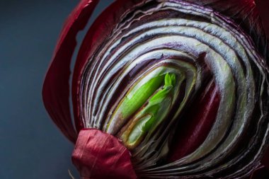 Siyah bir tabakta ikiye bölünmüş kırmızı filizlenmiş soğan. Mesajın için yer aç. Derin renklere sahip kavramsal makro fotoğrafçılık