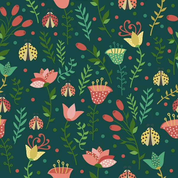 Modèle sans couture floral avec coccinelles — Image vectorielle