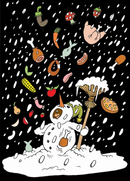 Snowman and frozen food Stock Picture